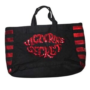 Victoria's Secret Tote Bag Weekender Sequin Lips Black Large Travel